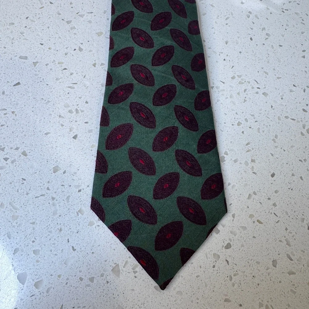 Y2K Coach Mens Silk Tie Green Burgundy Geometric Medallion Handmade in Italy